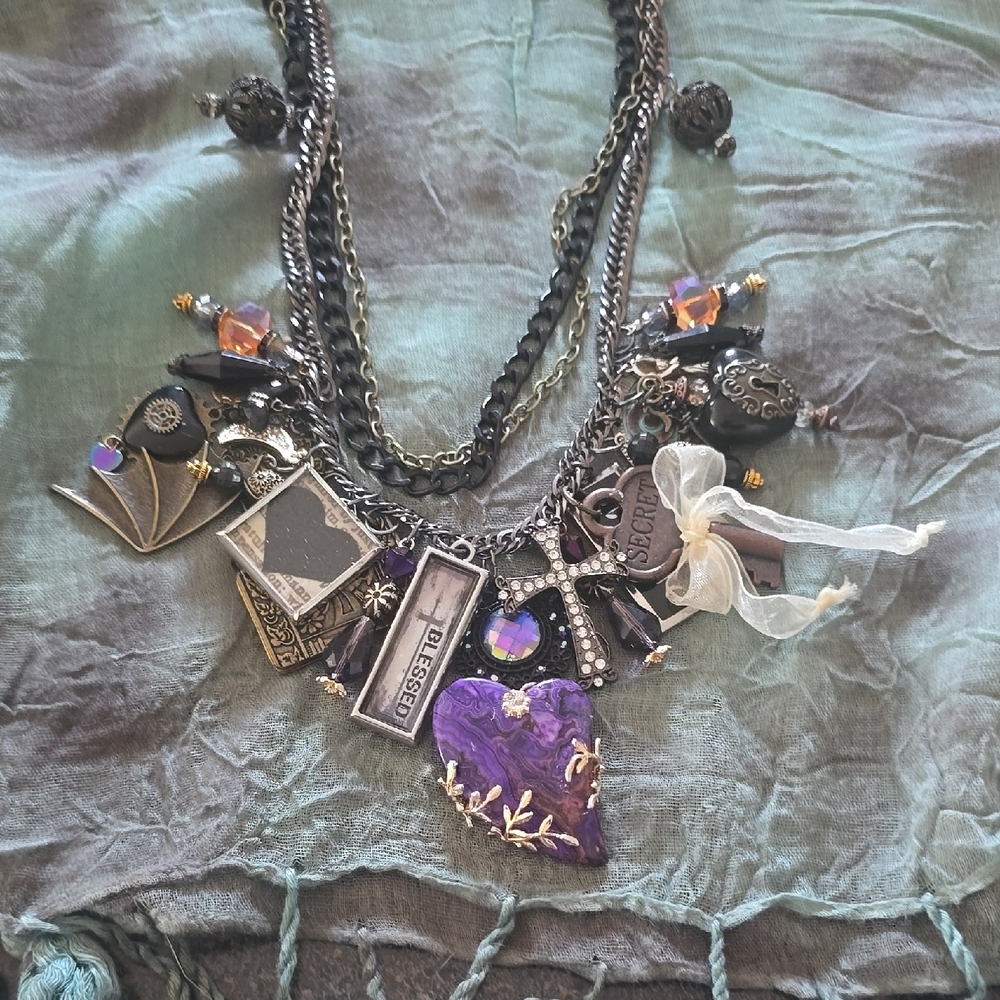 "Hearts' Secret Desires": Gold, Brass, Copper & Silver Chunky Charm Necklace